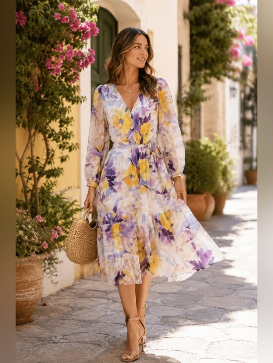 Dkny Dresses & Skirts - Dkny Yellow & Purple Floral Wrap Midi Dress NWOT, Size 6